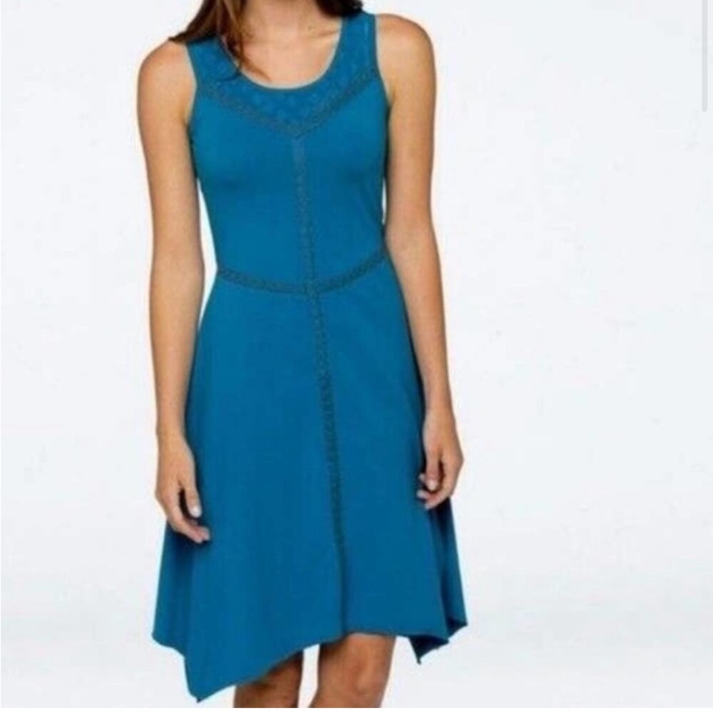 ⭐️Prana Trixie Jersey Knit Handkerchief Hem Lace Inserts Sleeveless Dress Sz XS - Picture 3 of 8